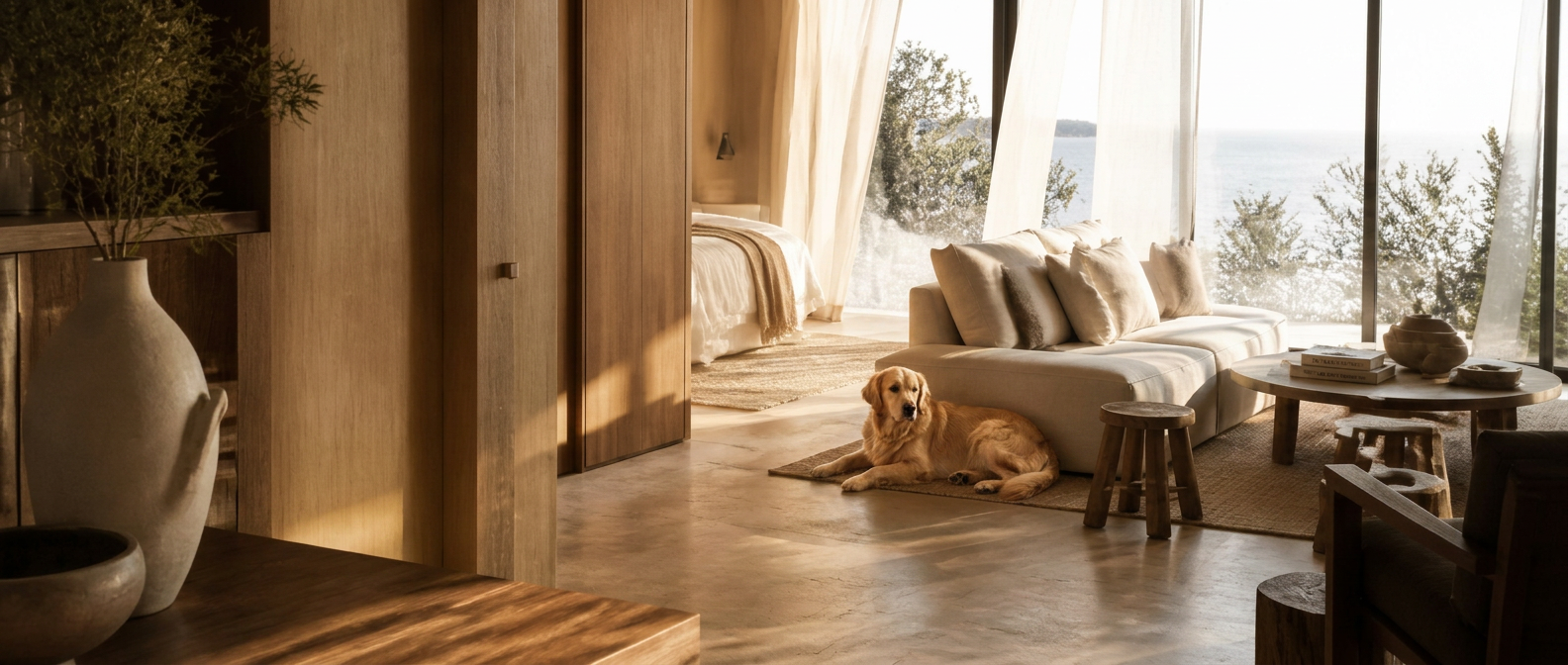 Calm coastal interior with soft sunlight